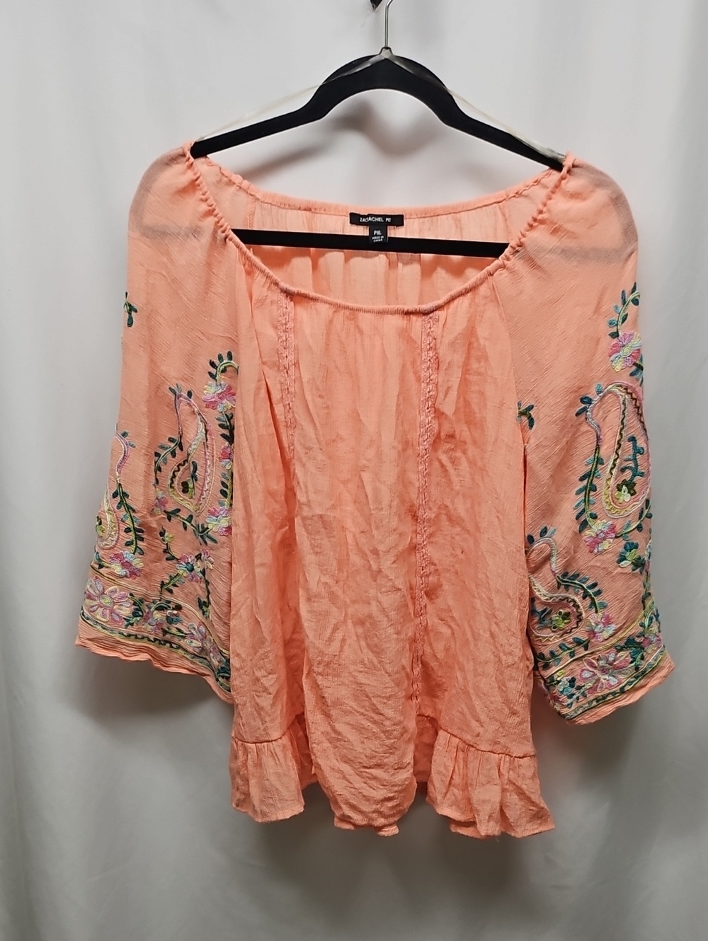 Zac & Rachel Peach Embroidered Boho Peasant Blouse